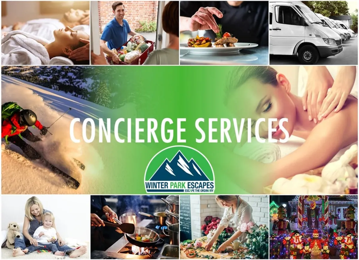 A collage-like interior image featuring spa treatments, food delivery, family interactions, festive decorations, and glimpses of skiing activities. The photo blends elements of luxury, curated adventures, and family togetherness, suggesting a wide range of resort-style experiences available to guests.