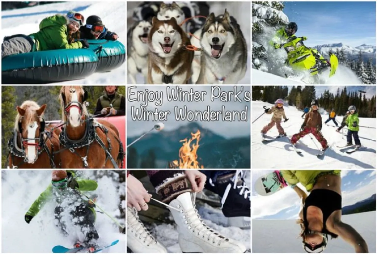 A vibrant winter scene featuring families and children enjoying a range of snowy activities like tubing, dog sledding, snowmobiling, horse-drawn sleigh rides, and campfires. The image captures the joy and excitement of multiple winter adventures, with snow-covered landscapes and smiling faces.