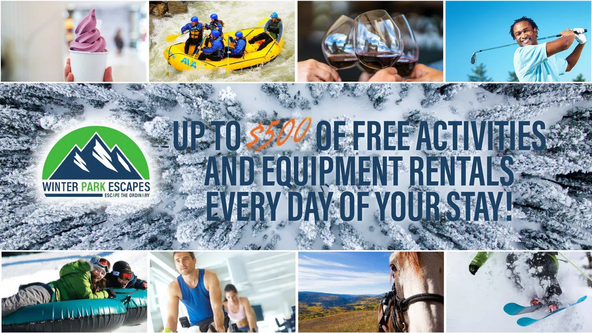 An energetic outdoor collage featuring white water rafting, fine dining, golfing, horseback riding, skiing, snowboarding, and people enjoying ice cream. The lively image depicts adventure and leisure activities for all ages across seasons, with beautiful natural backdrops.
